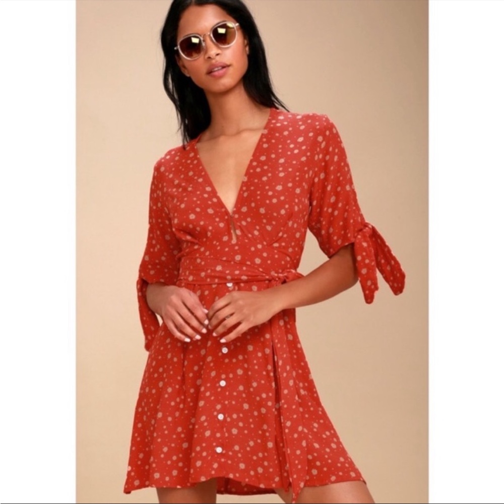 Faithfull The Brand Birgit Dress Coral Red Wrap Mini Tie Size 4